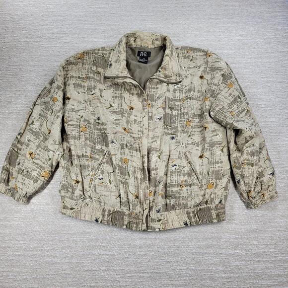 Vtg EVR Silk Bomber Jacket Womens XL Green Floral Tulips Camo Zip Up Streetwear - Picture 1 of 14